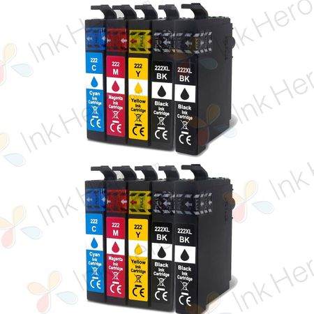 Pack de 10 Cartouches d'encre remanufacturées haute capacité Epson 222XL & 222 (T222XL-BCS)